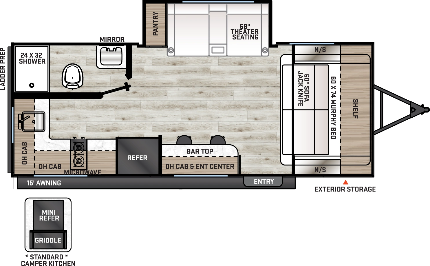 The Aurora 18RBS floorplan has one entry and one slide out. Exterior features include: metal exterior, 15' awning and outside kitchen. Interiors features include: murphy bed.